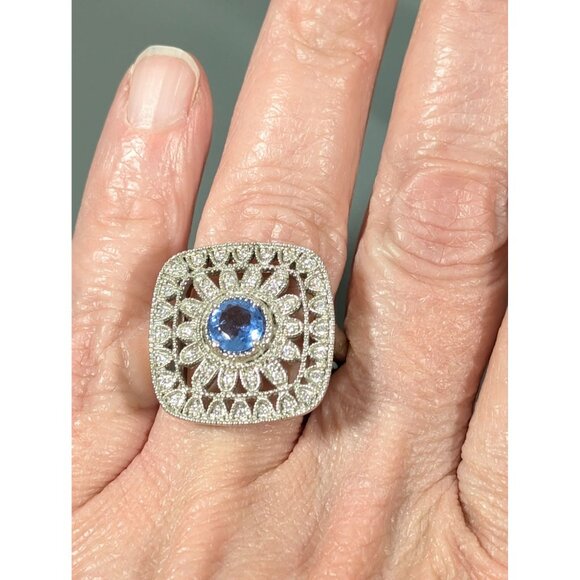 Edwardian Style Blue Rhinestone Square Pave Cocktail Ring Size 9 Statement Silve - Picture 6 of 10